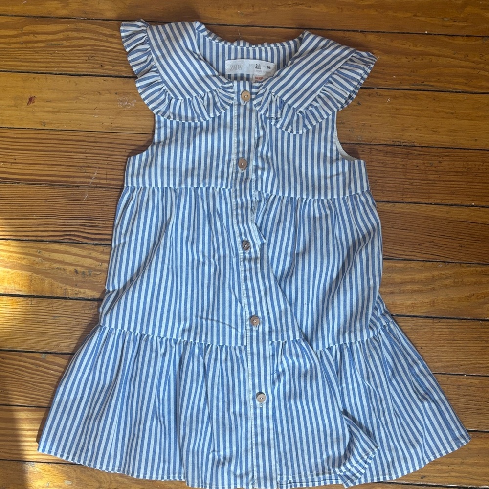 Zara Blue & White Striped Ruffle Collar Dress